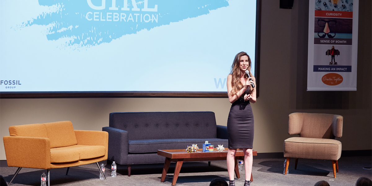 Isabella Rose Taylor spoke to a crowd of employees and their families at Fossil Group in Richardson TX 