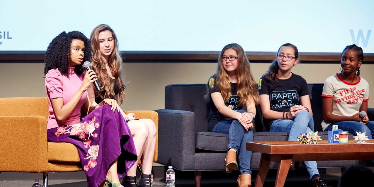 Maya Penn, Isabelle and Katherine Adams, Isabella Rose Taylor and Asia Newson spoke to a crowd of employees and their families at Fossil Group in Richardson TX 