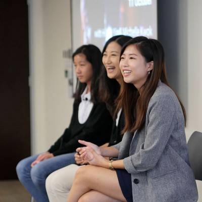 Michele Kwok and Hillary Yip answer questions on a panel at an IDG event at Fossil Group in Hong Kong