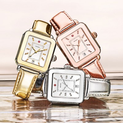 Three MICHELE Deco Sport High Shine watches in gold, silver and rose gold