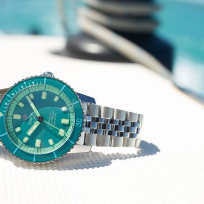 ZODIAC Super Sea Wolf Aquamarine Dreams Special Edition watch sits on yacht